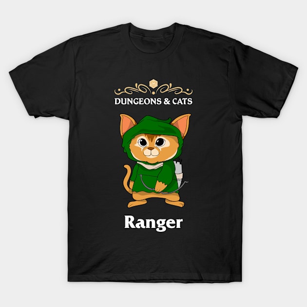 Dungeons and Cat Ranger Fighter Fantasy Tabletop RPG Roleplaying D20 Gamer T-Shirt by TheBeardComic